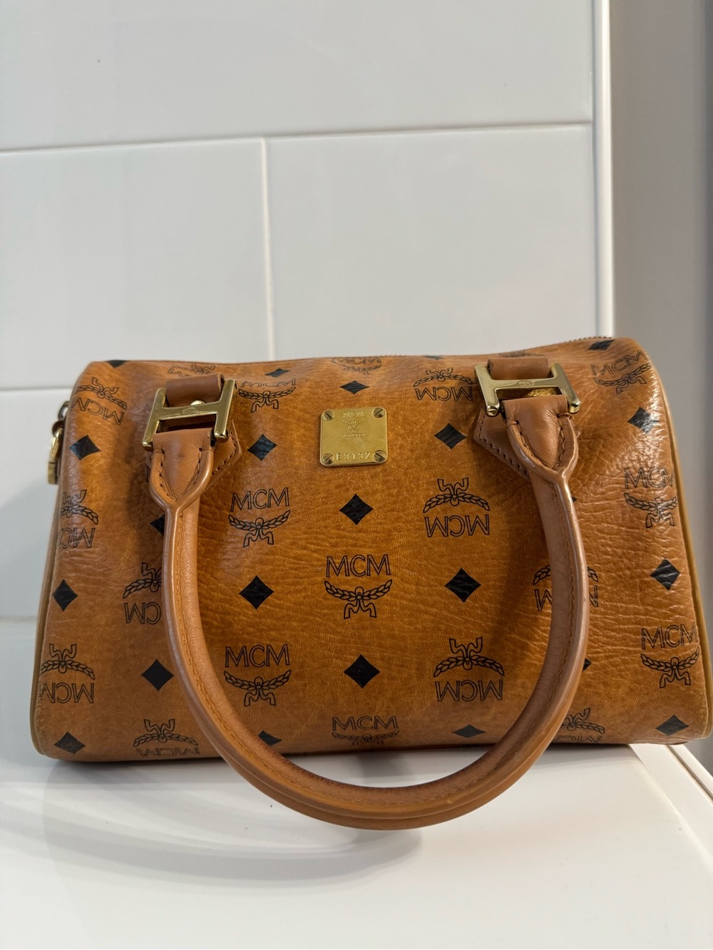 MCM Cognac Visetos Barrel Satchel with Gold Hardware